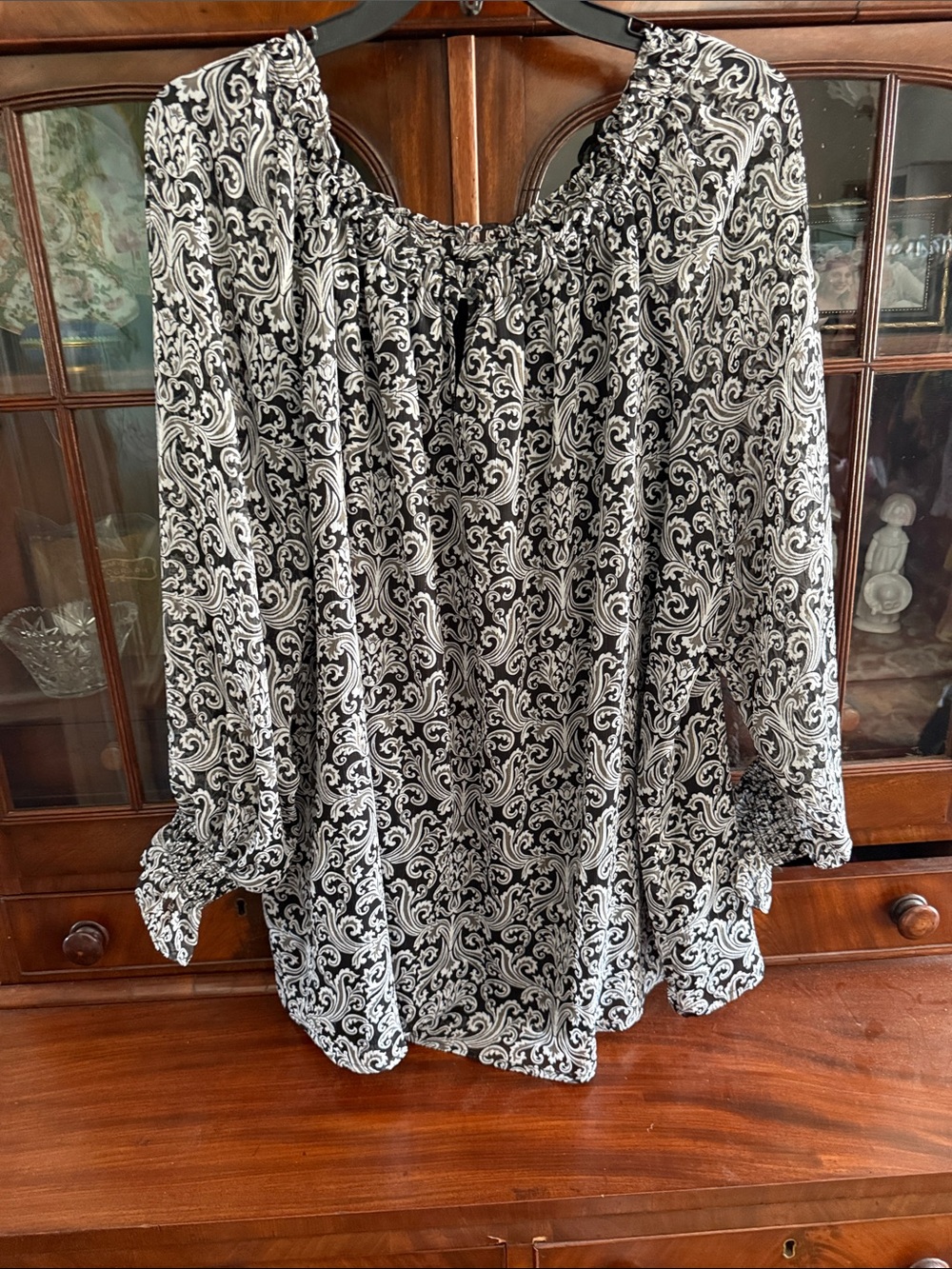 Talbots Black and White Paisley Ruffled Neck Blouse